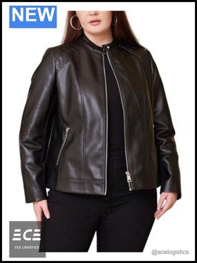 Plus Size Faux Leather Jacket Quilted Shoulders Moto Biker Coat